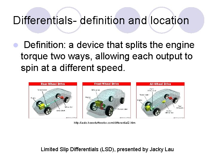 Differentials- definition and location l Definition: a device that splits the engine torque two