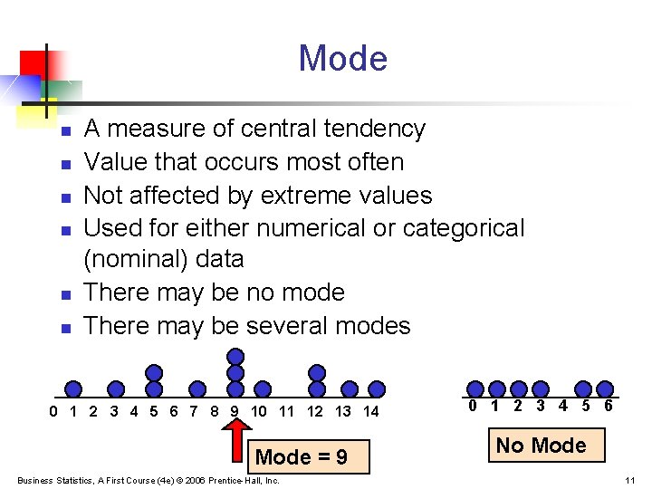 Mode n n n A measure of central tendency Value that occurs most often