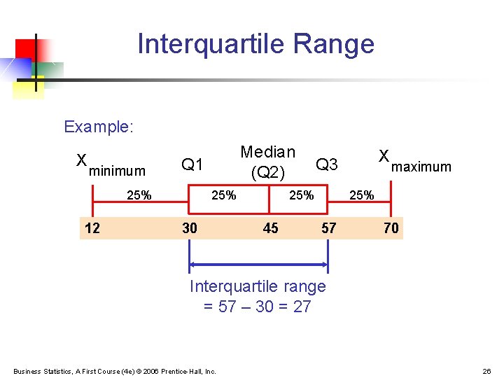 Interquartile Range Example: X minimum Q 1 25% 12 Median (Q 2) 25% 30