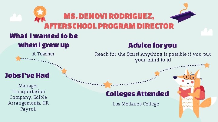 MS. DENOVI RODRIGUEZ, AFTERSCHOOL PROGRAM DIRECTOR What I wanted to be when I grew