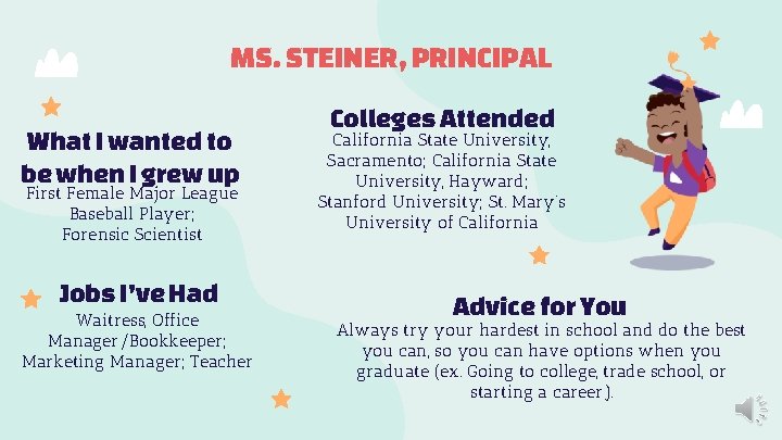 MS. STEINER, PRINCIPAL What I wanted to be when I grew up First Female