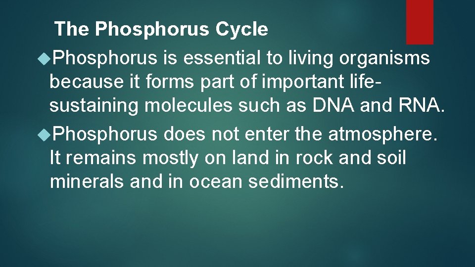 The Phosphorus Cycle Phosphorus is essential to living organisms because it forms part of