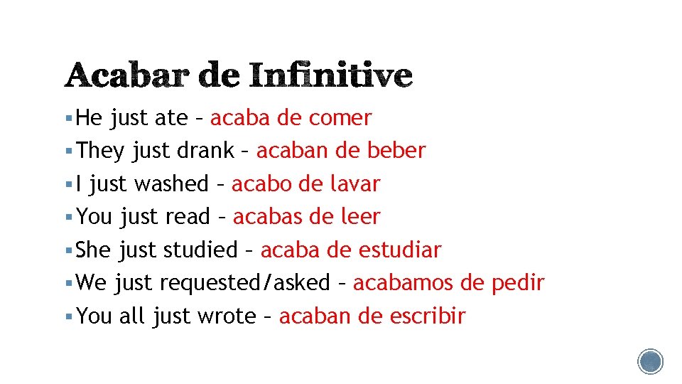 § He just ate – acaba de comer § They just drank – acaban