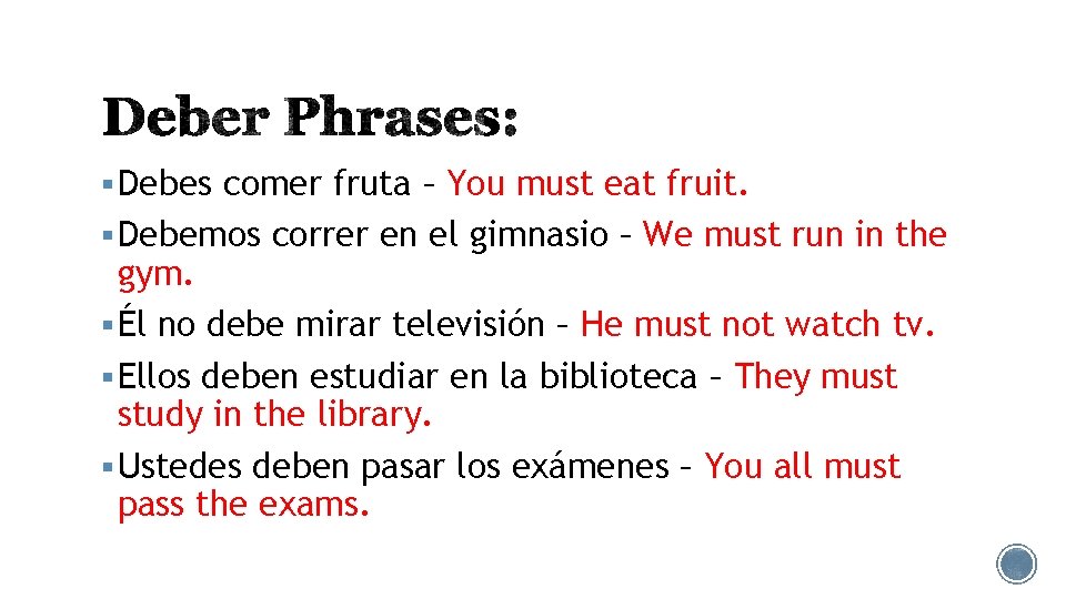 § Debes comer fruta – You must eat fruit. § Debemos correr en el