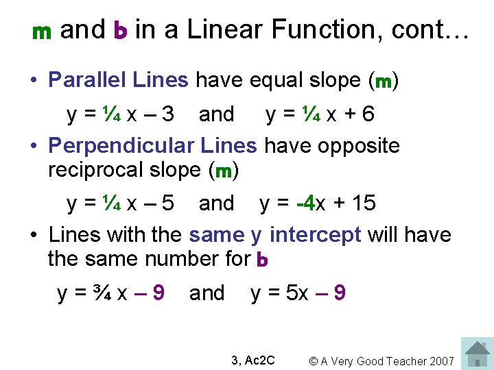 m and b in a Linear Function, cont… • Parallel Lines have equal slope