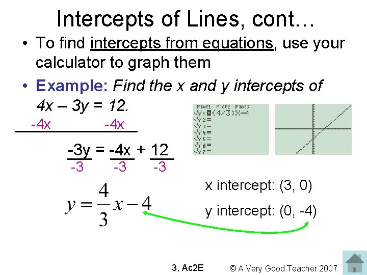 Intercepts of Lines, cont… • To find intercepts from equations, use your calculator to