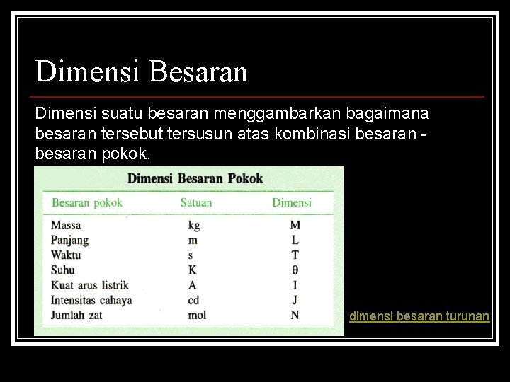 Dimensi Besaran Dimensi suatu besaran menggambarkan bagaimana besaran tersebut tersusun atas kombinasi besaran pokok.