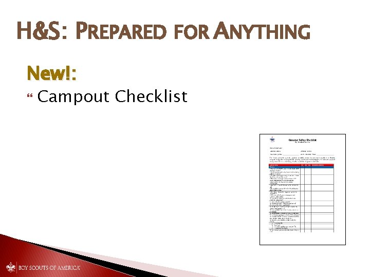 H&S: PREPARED FOR ANYTHING New!: Campout Checklist 