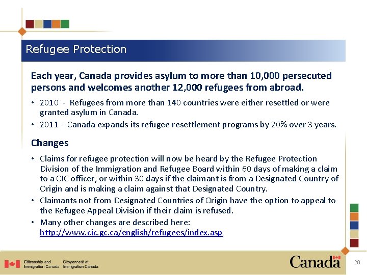 Refugee Protection Each year, Canada provides asylum to more than 10, 000 persecuted persons