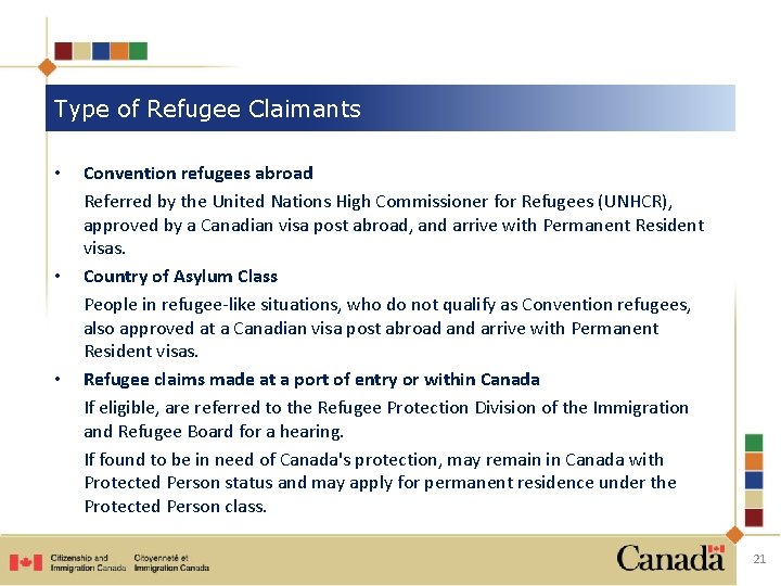 Type of Refugee Claimants • • • Convention refugees abroad Referred by the United