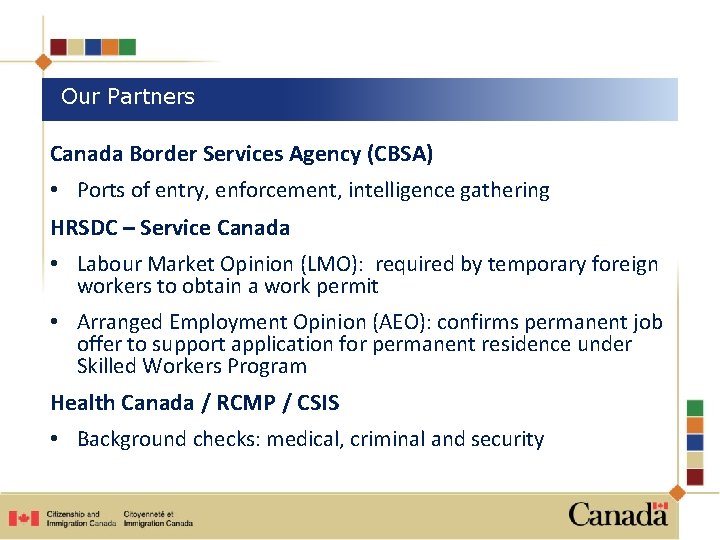 Our Partners Canada Border Services Agency (CBSA) • Ports of entry, enforcement, intelligence gathering