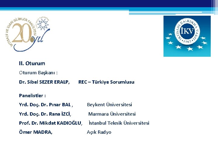 II. Oturum Başkanı : Dr. Sibel SEZER ERALP, REC – Türkiye Sorumlusu Panelistler :