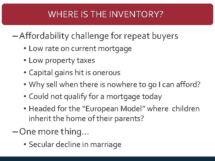 WHERE IS THE INVENTORY? – Affordability challenge for repeat buyers • Low rate on