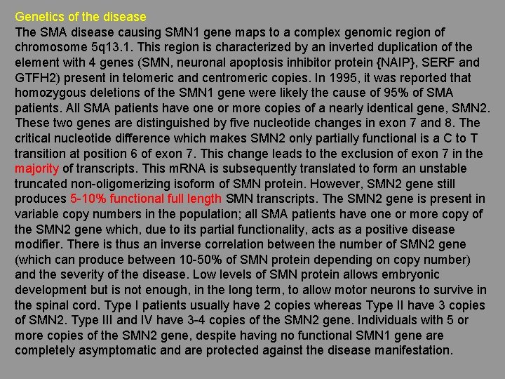 Genetics of the disease The SMA disease causing SMN 1 gene maps to a