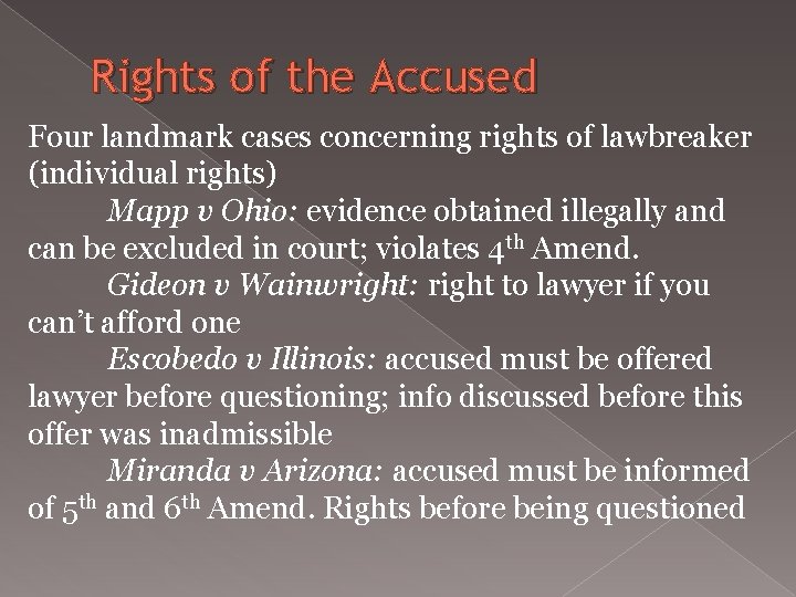 Rights of the Accused Four landmark cases concerning rights of lawbreaker (individual rights) Mapp