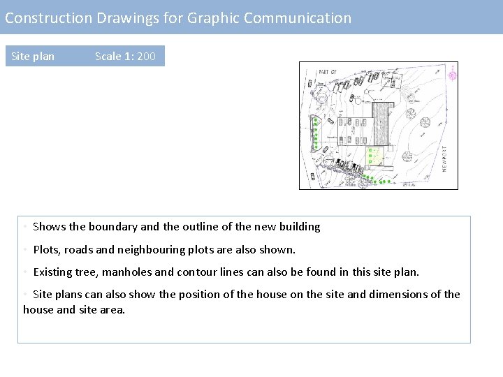 Construction Drawings for Graphic Communication Site plan Scale 1: 200 • Shows the boundary