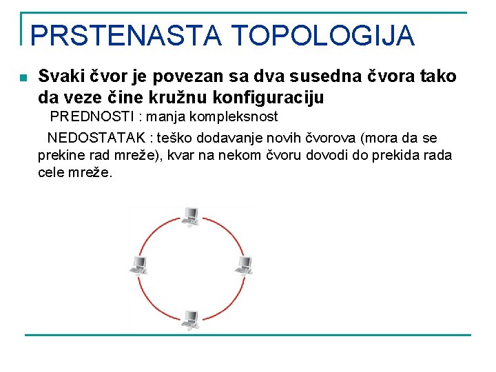 PRSTENASTA TOPOLOGIJA n Svaki čvor je povezan sa dva susedna čvora tako da veze