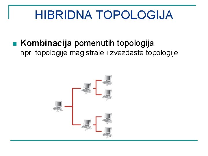 HIBRIDNA TOPOLOGIJA n Kombinacija pomenutih topologija npr. topologije magistrale i zvezdaste topologije 