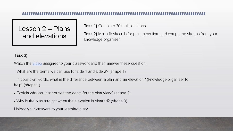 Lesson 2 – Plans and elevations Task 1) Complete 20 multiplications Task 2) Make