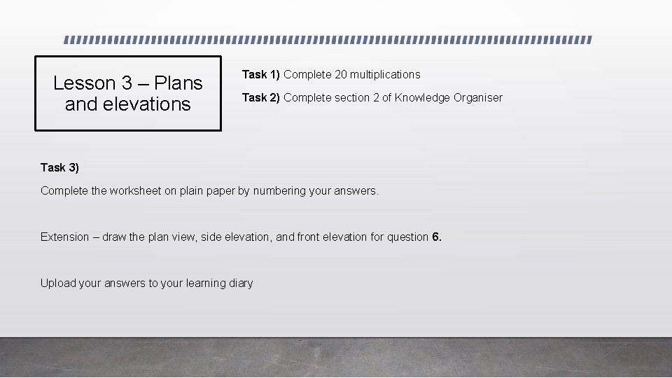 Lesson 3 – Plans and elevations Task 1) Complete 20 multiplications Task 2) Complete