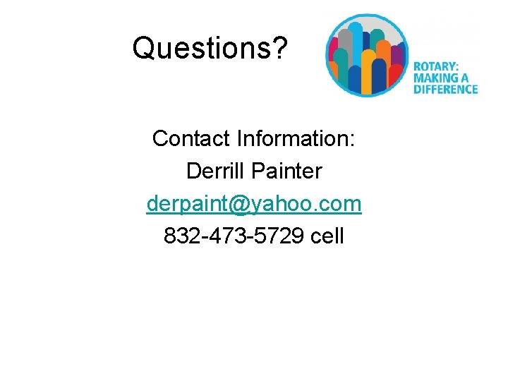 Questions? Contact Information: Derrill Painter derpaint@yahoo. com 832 -473 -5729 cell 