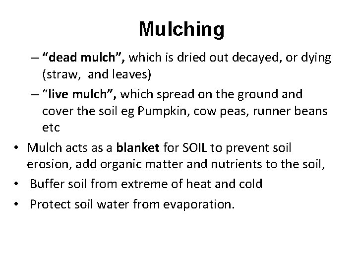 Mulching – “dead mulch”, which is dried out decayed, or dying (straw, and leaves)