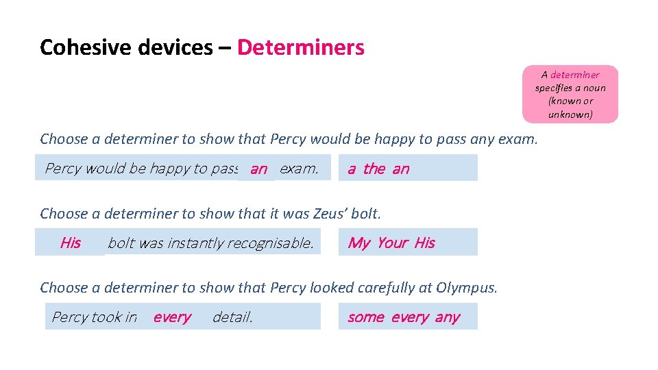Cohesive devices – Determiners A determiner specifies a noun (known or unknown) Choose a