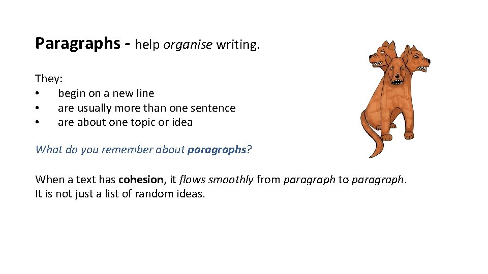Paragraphs - help organise writing. They: • begin on a new line • are