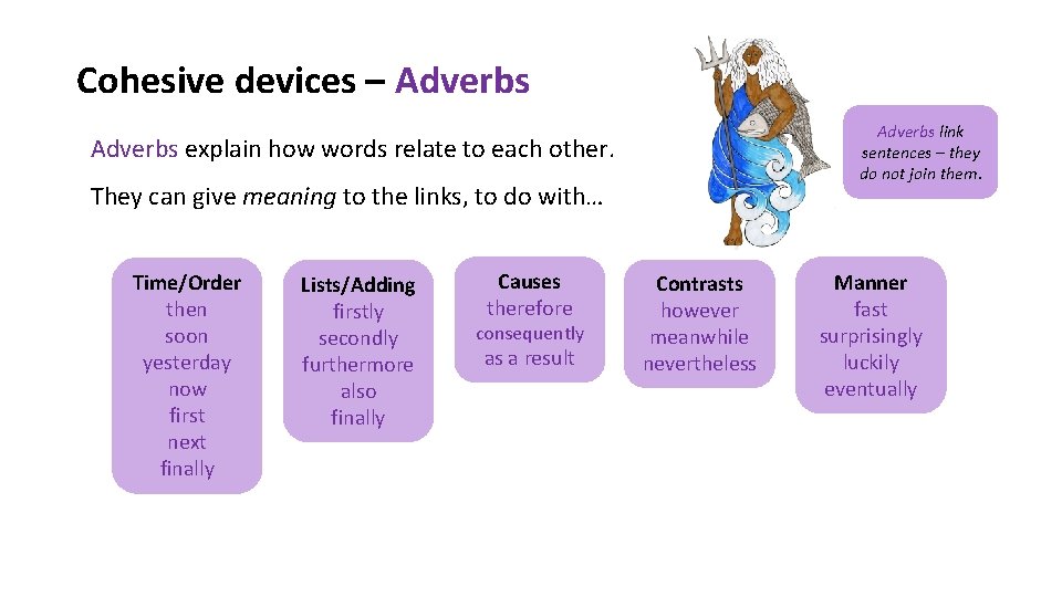 Cohesive devices – Adverbs link sentences – they do not join them. Adverbs explain
