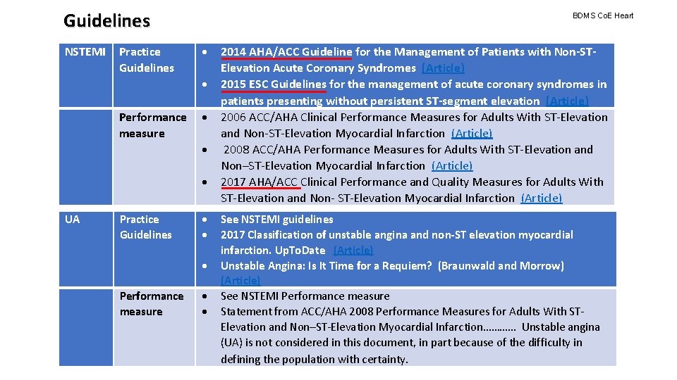Guidelines NSTEMI BDMS Co. E Heart Practice Guidelines Performance measure UA Practice Guidelines Performance
