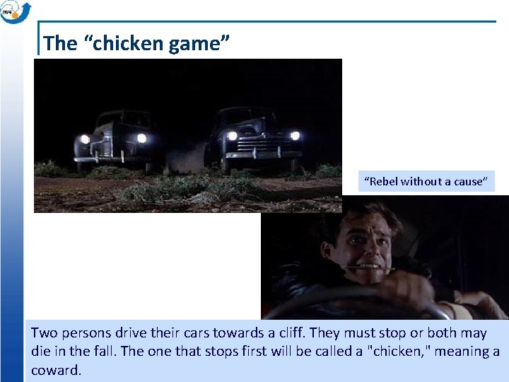 The “chicken game” “Rebel without a cause” Two persons drive their cars towards a