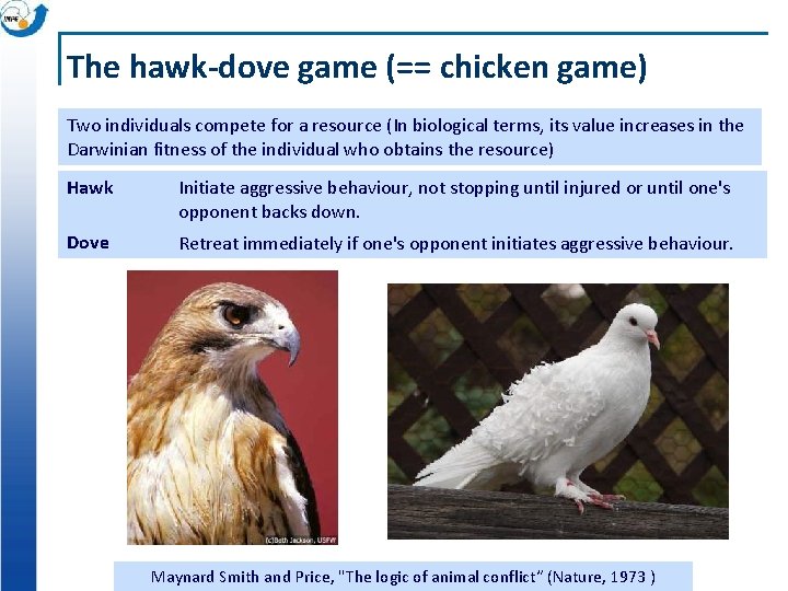The hawk-dove game (== chicken game) Two individuals compete for a resource (In biological