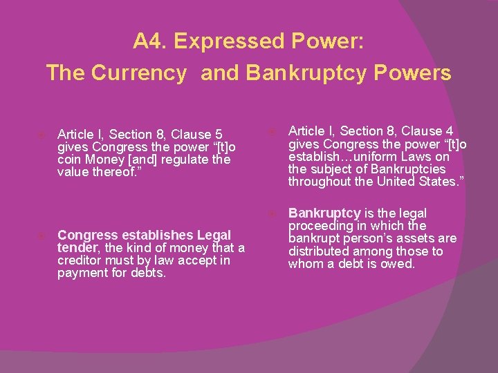 A 4. Expressed Power: The Currency and Bankruptcy Powers Article I, Section 8, Clause