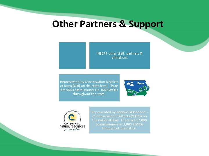 Other Partners & Support INSERT other staff, partners & affiliations Represented by Conservation Districts
