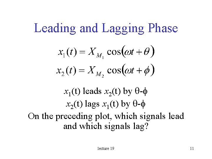 Leading and Lagging Phase x 1(t) leads x 2(t) by q- x 2(t) lags