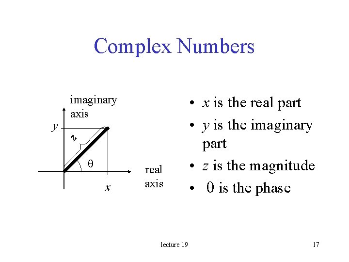 Complex Numbers z y imaginary axis q x real axis lecture 19 • x