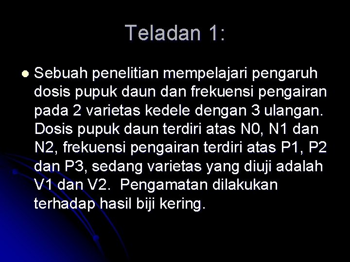 Teladan 1: l Sebuah penelitian mempelajari pengaruh dosis pupuk daun dan frekuensi pengairan pada