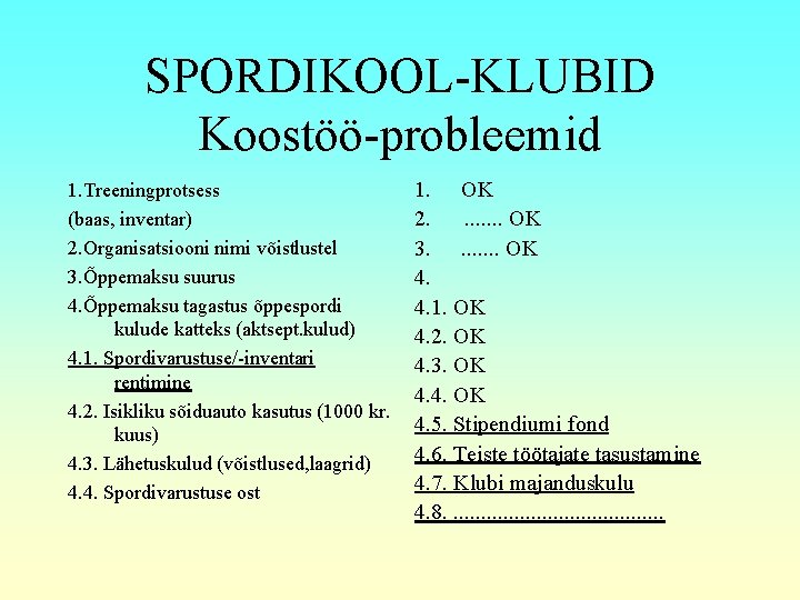 SPORDIKOOL-KLUBID Koostöö-probleemid 1. Treeningprotsess (baas, inventar) 2. Organisatsiooni nimi võistlustel 3. Õppemaksu suurus 4.