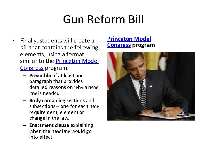 Gun Reform Bill • Finally, students will create a bill that contains the following