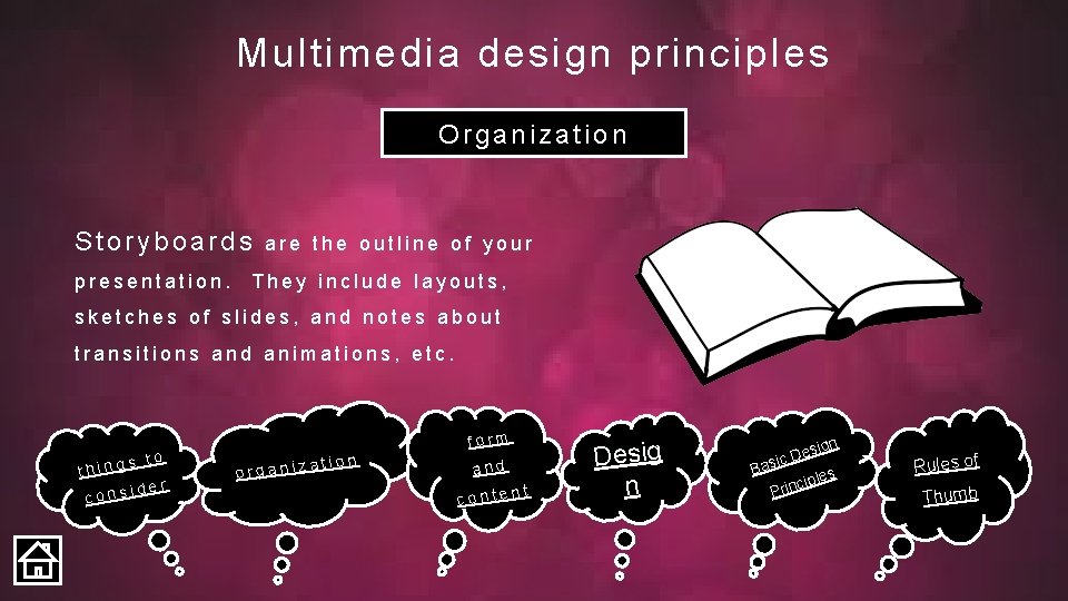 Multimedia design principles Organization Storyboards presentation. are the outline of your They include layouts,