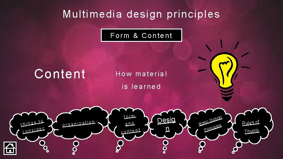 Multimedia design principles Form & Content How material is learned s to thing ider