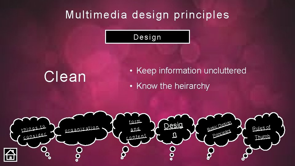 Multimedia design principles Design Clean s to thing ider cons • Keep information uncluttered