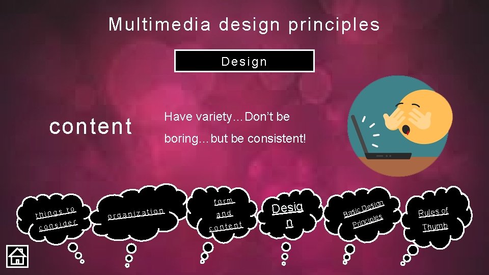 Multimedia design principles Design Have variety…Don’t be content s to thing ider cons boring…but