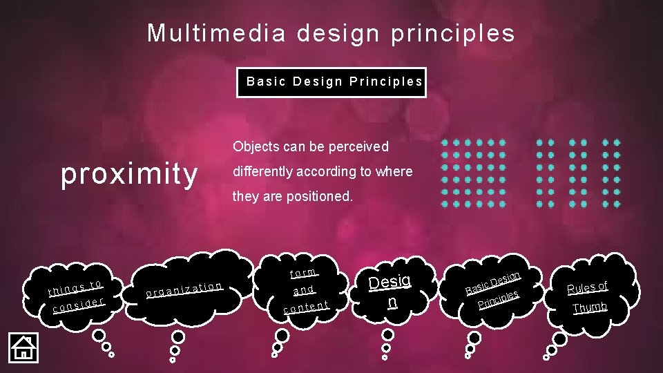 Multimedia design principles Basic Design Principles Objects can be perceived proximity s to thing