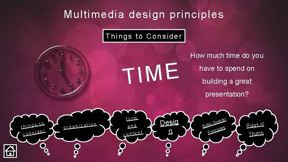 Multimedia design principles Things to Consider How much time do you E M I