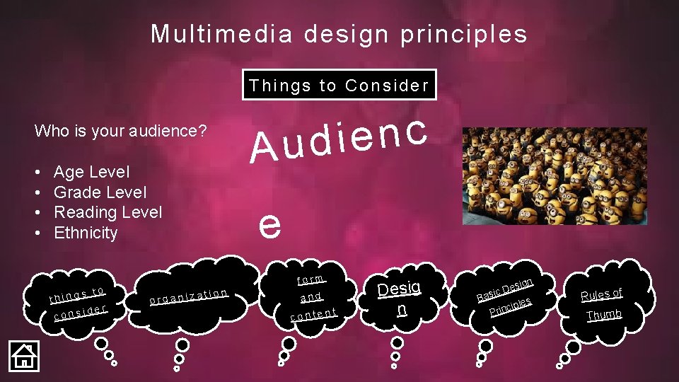 Multimedia design principles Things to Consider Who is your audience? • • Age Level