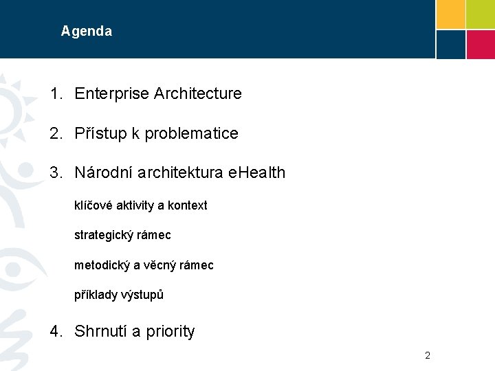 Agenda 1. Enterprise Architecture 2. Přístup k problematice 3. Národní architektura e. Health klíčové