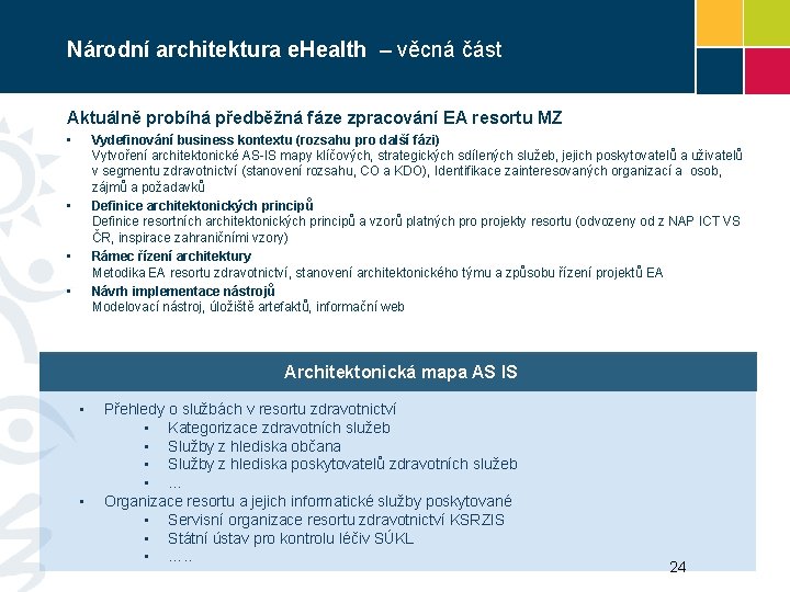 Národní architektura e. Health – věcná část Aktuálně probíhá předběžná fáze zpracování EA resortu