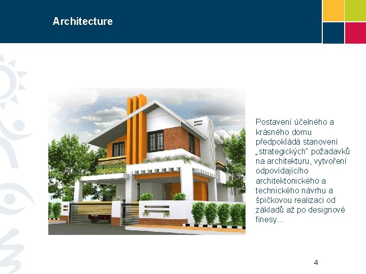 Architecture Postavení účelného a krásného domu předpokládá stanovení „strategických“ požadavků na architekturu, vytvoření odpovídajícího