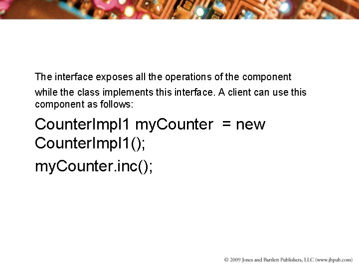 The interface exposes all the operations of the component while the class implements this